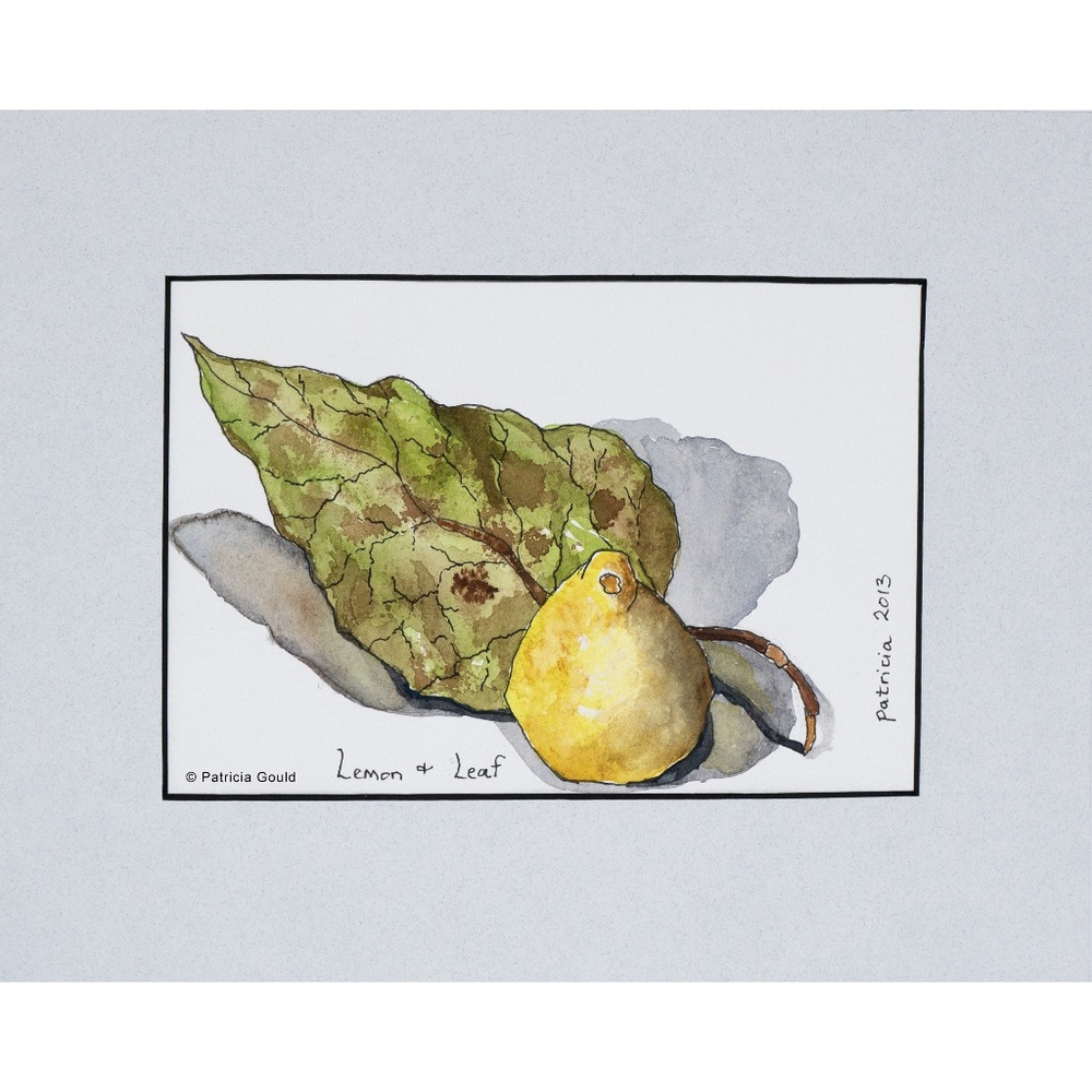 Lemon & Leaf, watercolor on paper, matted, ready to frame